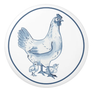 Pomo De Cerámica Rústico País de Pollos Azules y Pollos Blancos