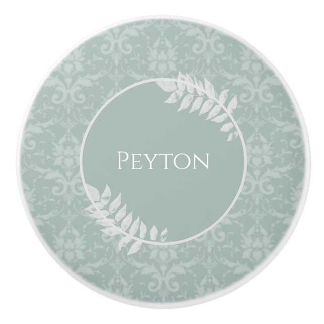 Pomo De Cerámica Sage Green Elegant Damask Personalizado (Anverso)