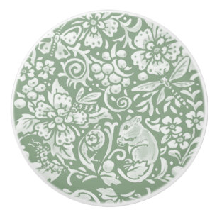 Pomo De Cerámica Sage Green White Garden Animales    Patrón Floral