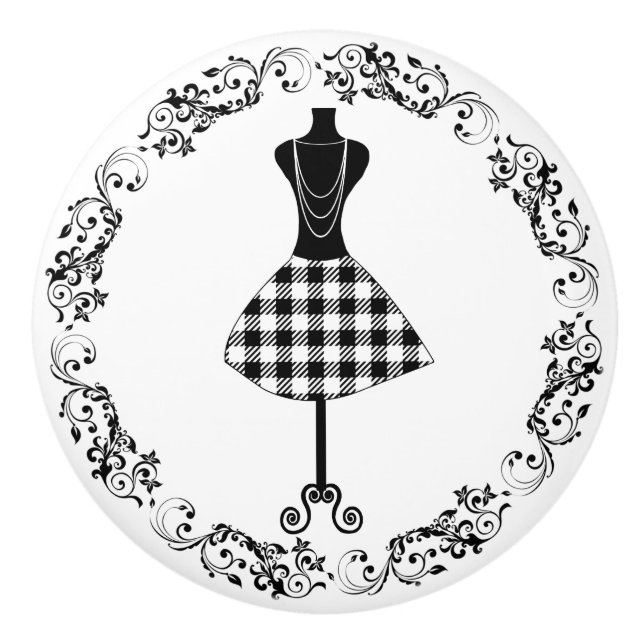 Pomo De Cerámica Sala de coser negro y blanco Bodice Vestido de cám (Anverso)