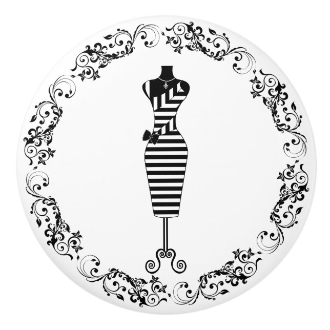 Pomo De Cerámica Sala de coser negro y blanco Bodice Vestido de cám (Anverso)