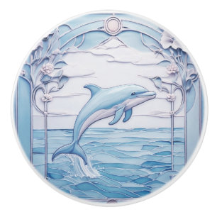 Pomo De Cerámica Saltando delfín Art Nouveau Faux Relief Light Blue