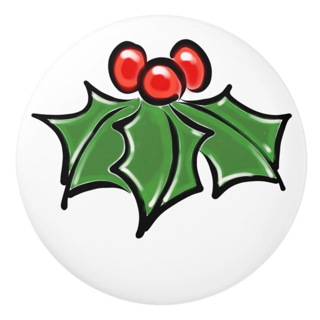 Pomo De Cerámica Saltos de Holly, bayas de Holly, vacaciones divert (Anverso)