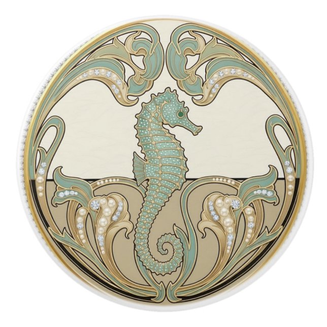 Pomo De Cerámica Seahorse Green Cream & Gold Art Deco Nouveau Ocean (Anverso)