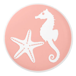 Pomo De Cerámica Seahorse y estrellas de mar - rosa coralino ligero