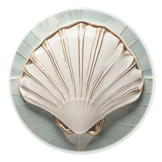 Pomo De Cerámica Seashell Art Nouveau Faux Relief Mint Blue & Gold (Anverso)