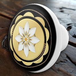 Pomo De Cerámica Sencillo Floral Negro Oro Elegante