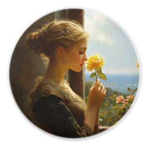 Pomo De Cerámica Señora de la Vintage con pintura de rosa amarillo