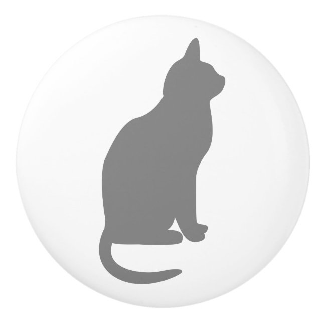 Pomo De Cerámica Sentando Gato Gris Enfrente A La Derecha (Anverso)