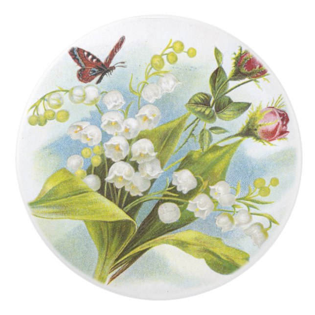 Pomo De Cerámica Shabby Chic Butterfly, Roses & Lily of the Valley (Anverso)