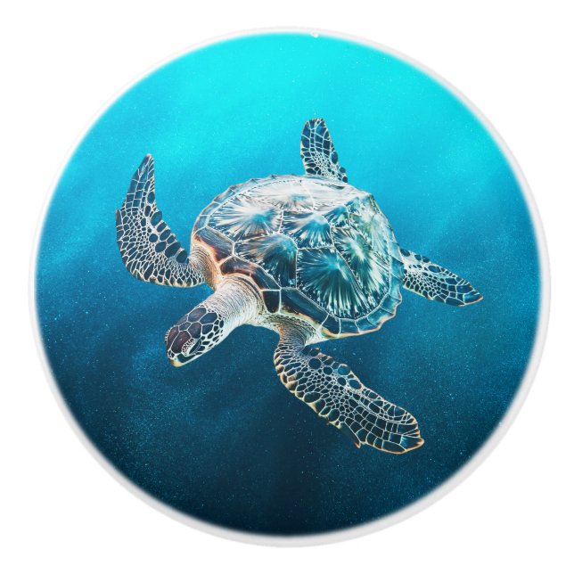 Pomo De Cerámica Shimmering Turquoise Sea Turtle | Coastal (Anverso)