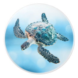 Pomo De Cerámica Shimmering Turquoise Sea Turtle | Coastal