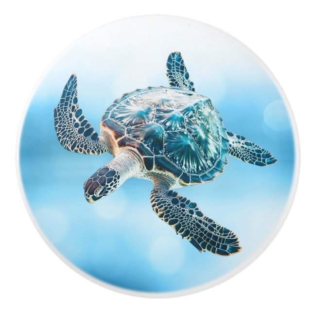 Pomo De Cerámica Shimmering Turquoise Sea Turtle | Coastal (Anverso)