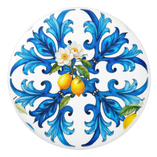 Pomo De Cerámica Siciliano, verano, limón, mosaico, azul
