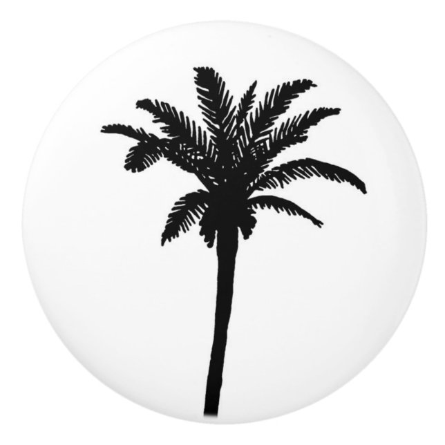 Pomo De Cerámica Silueta de la palmera de la isla en blanco y negro (Anverso)