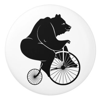 Pomo De Cerámica Silueta negra del oso que monta una bici