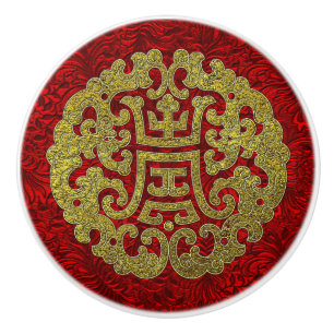 Pomo De Cerámica Símbolo chino rojo del oro elegante