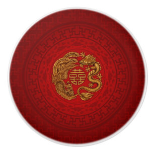 Pomo De Cerámica Símbolo de felicidad doble con Phoenix y Dragon