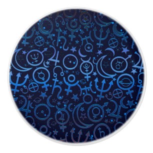 Pomo De Cerámica Símbolos planetarios azules Universo místico Plane