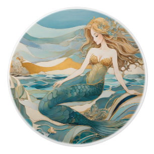 Pomo De Cerámica Sirena de playa con mar Turquesa Oro hacia la izqu