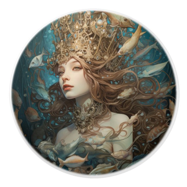 Pomo De Cerámica Sirena De Reina Y Peces Bajo El Mar (Anverso)