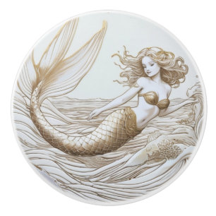 Pomo De Cerámica Sirena dorada y blanca y olas oceánicas frente a f