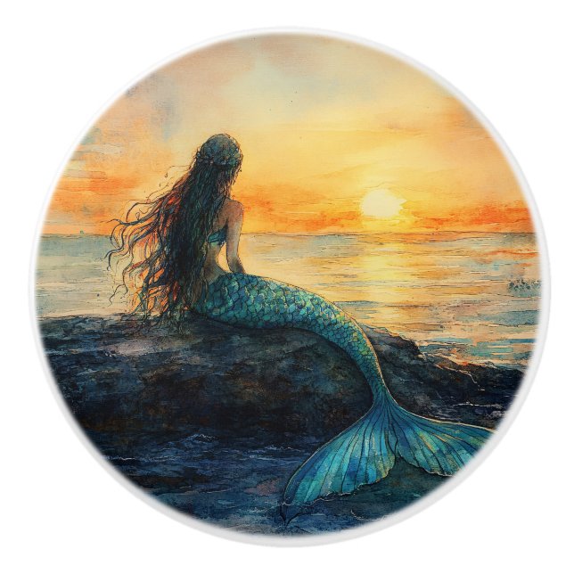 Pomo De Cerámica Sirena mirando el arte de amanecer (Anverso)