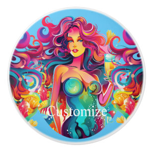Pomo De Cerámica Sirenita de cabello arcoiris con cóctel