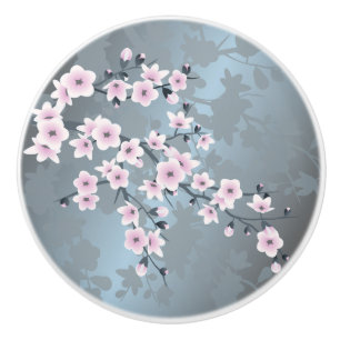 Pomo De Cerámica Slate Azul Rosa Polvoriento Floral de Cerezo en Fl