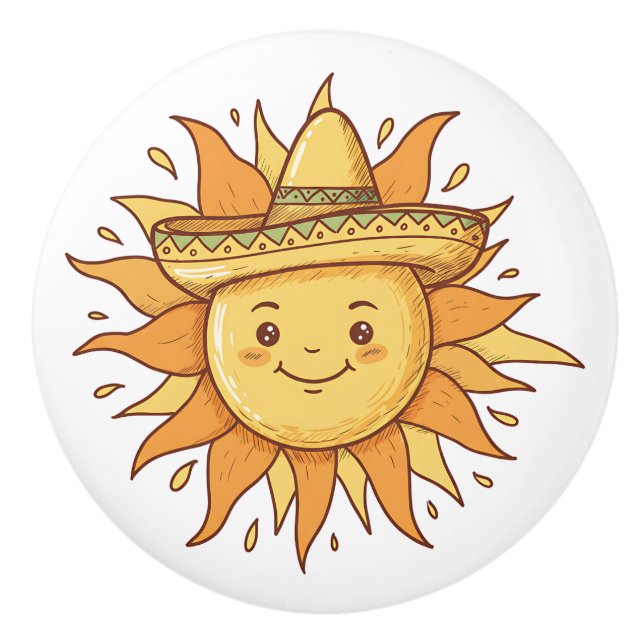 Pomo De Cerámica  Smiling Sun with Sombrero - Sunny Fiesta Doodle (Anverso)
