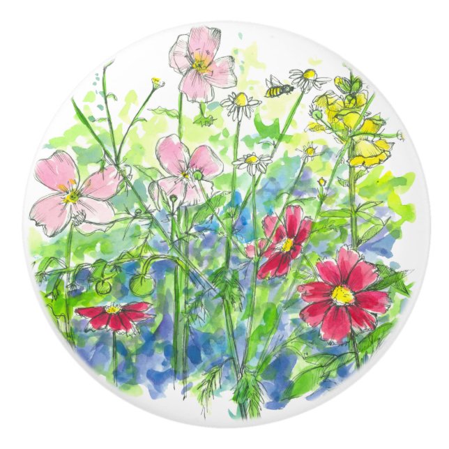 Pomo De Cerámica Snapdragon amarilla Honey Bee Cosmos (Anverso)