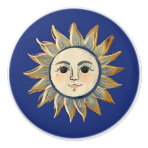 Pomo De Cerámica Sol celeste con cara dorada y azul oscuro