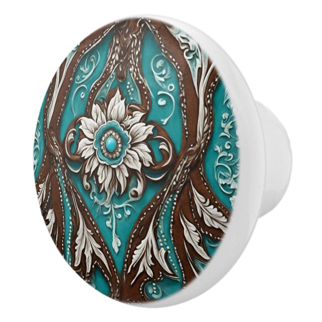 Pomo De Cerámica Southern Cowgirl Brown Turquoise Western Country (Derecha)