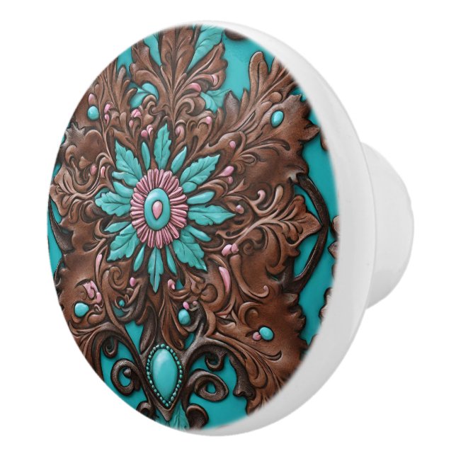 Pomo De Cerámica Southern Cowgirl Brown Turquoise Western Country (Derecha)