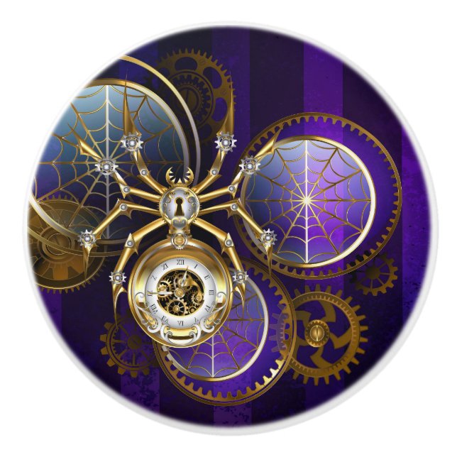 Pomo De Cerámica Spider Steampunk sobre fondo morado (Anverso)