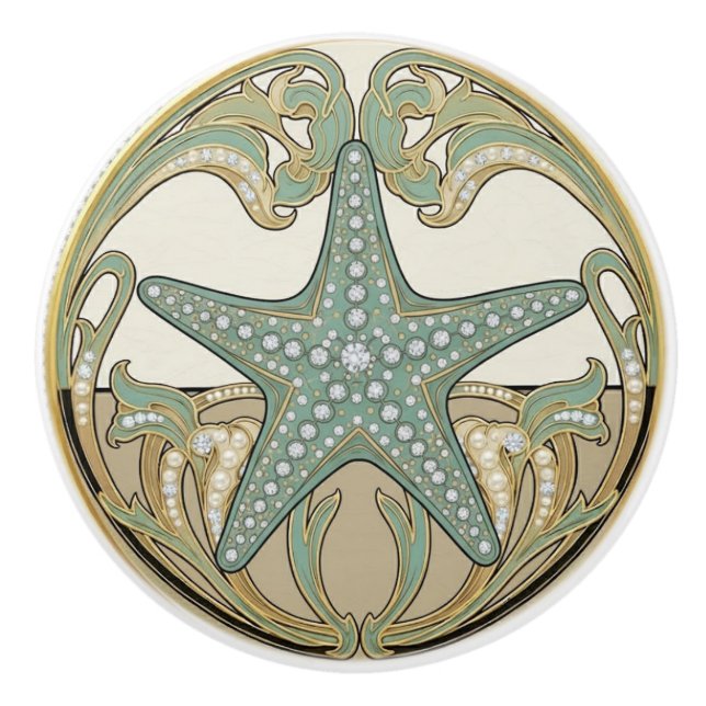 Pomo De Cerámica Starfish Green Cream & Gold Art Deco Nouveau (Anverso)