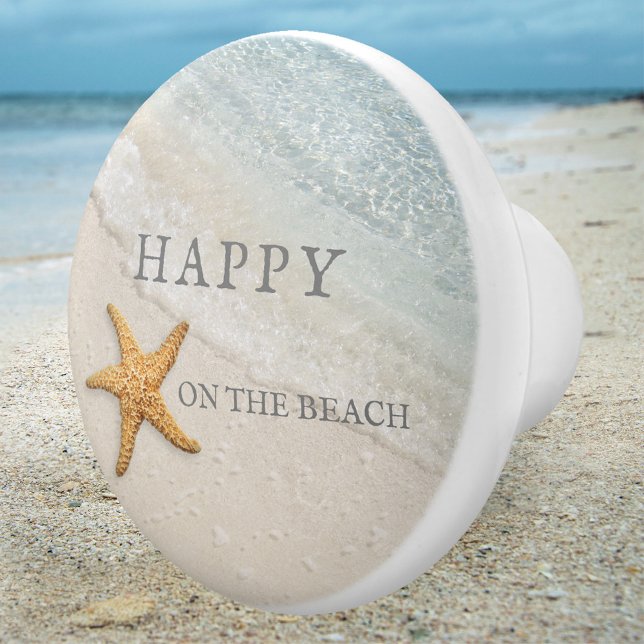 Pomo De Cerámica Starfish Waves Beach House (An elegant pastel ceramic door knob featuring a starfish on the beach)
