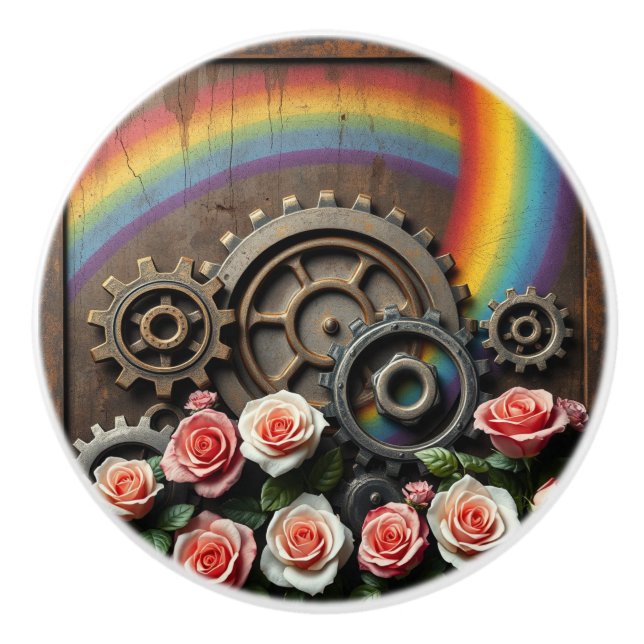 Pomo De Cerámica Steampunk Gears and Rainbow (Anverso)