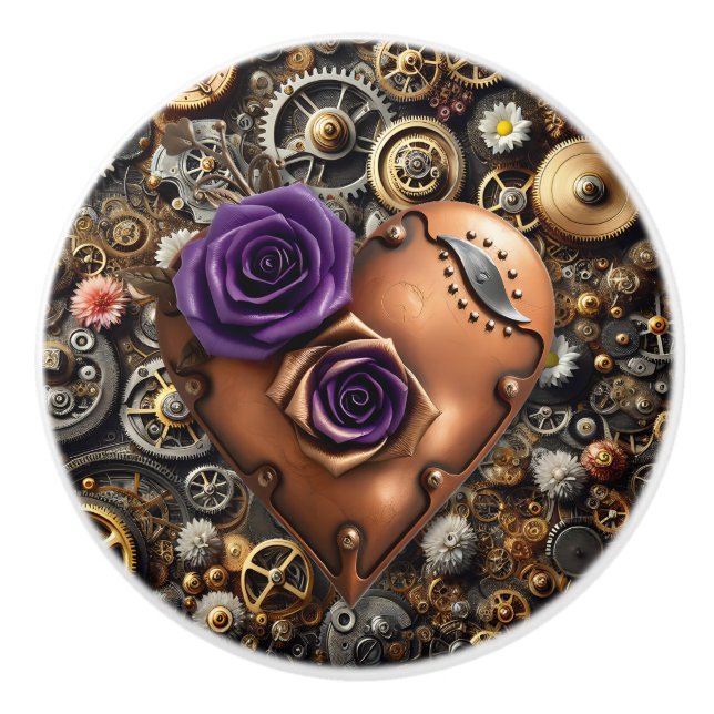 Pomo De Cerámica Steampunk Gears, Flowers and Copper Heart (Anverso)