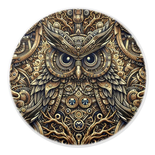 Pomo De Cerámica Steampunk Metal and Diamond Gold Owl (Anverso)