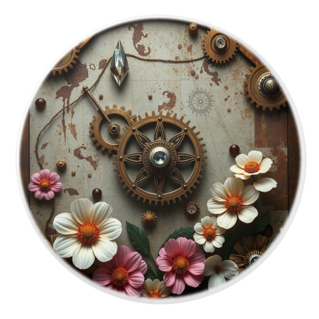 Pomo De Cerámica Steampunk Metal Flowers, Gears and Diamonds (Anverso)