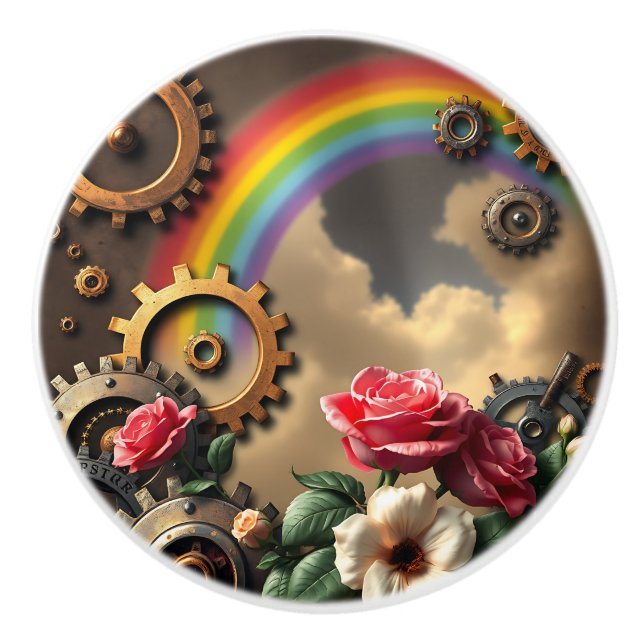 Pomo De Cerámica Steampunk Rainbow, Roses and Metal Gears (Anverso)