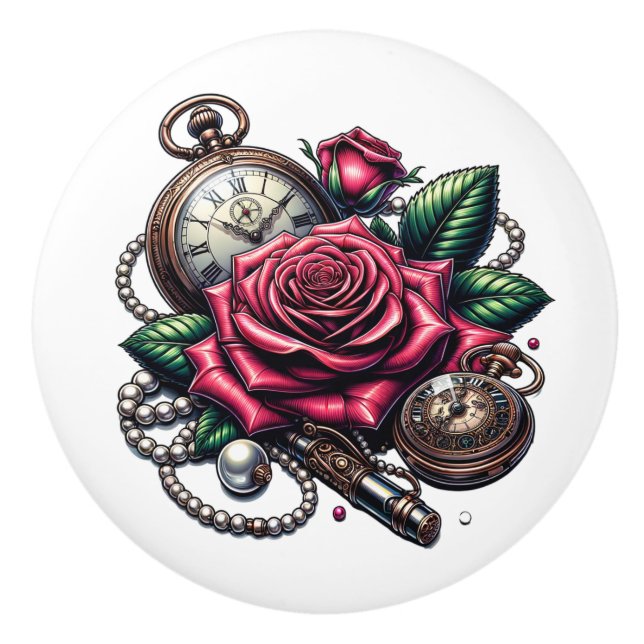Pomo De Cerámica Steampunk Rose, Metal Key and Pocket Watch (Anverso)