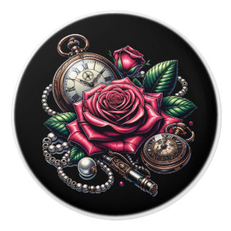 Pomo De Cerámica Steampunk Rose, Metal Key and Pocket Watch