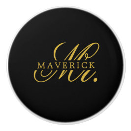 Pomo De Cerámica Stylish Mr. & Name Text Stylish Black