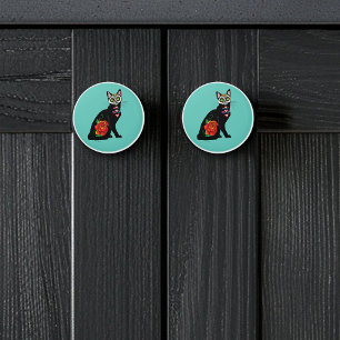 Pomo De Cerámica Sugar Skull Black Cat