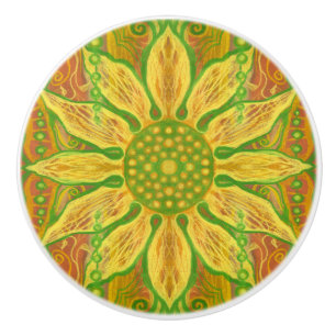 Pomo De Cerámica Sun Flor bohemio arte floral amarillo naranja verd