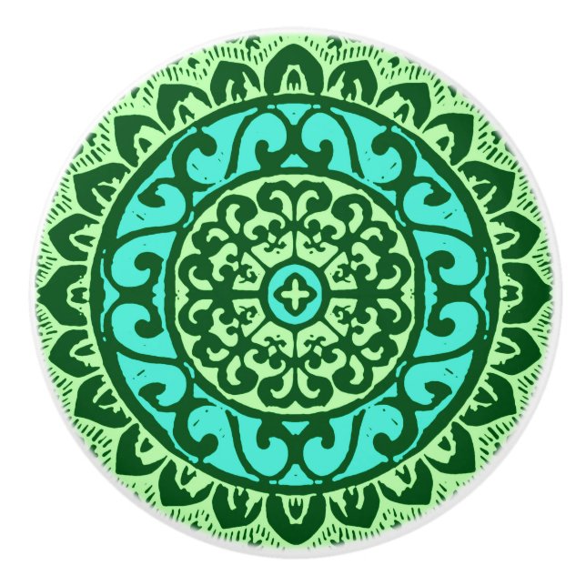 Pomo De Cerámica Sun Mandala Batik del Suroeste, Lime Green (Anverso)