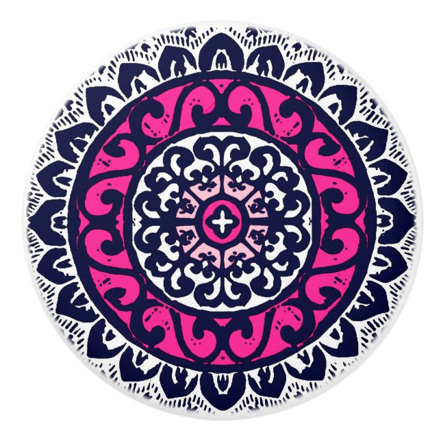 Pomo De Cerámica Sun Mandala, Fuchsia, Marina y Blanco del Suroeste (Anverso)