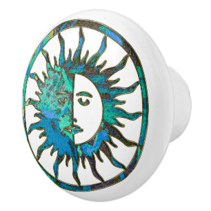 Pomo De Cerámica SUN y MOON azul verde + tu fondo